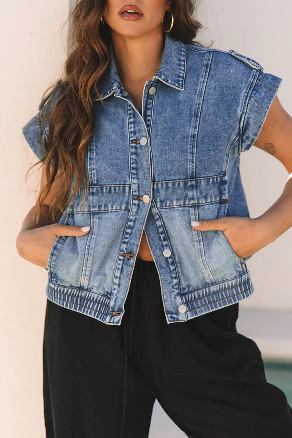 Ashleigh Blue Acid Wash Elastic Hem Button Up Denim Vest Dear-Lover Dropshipping