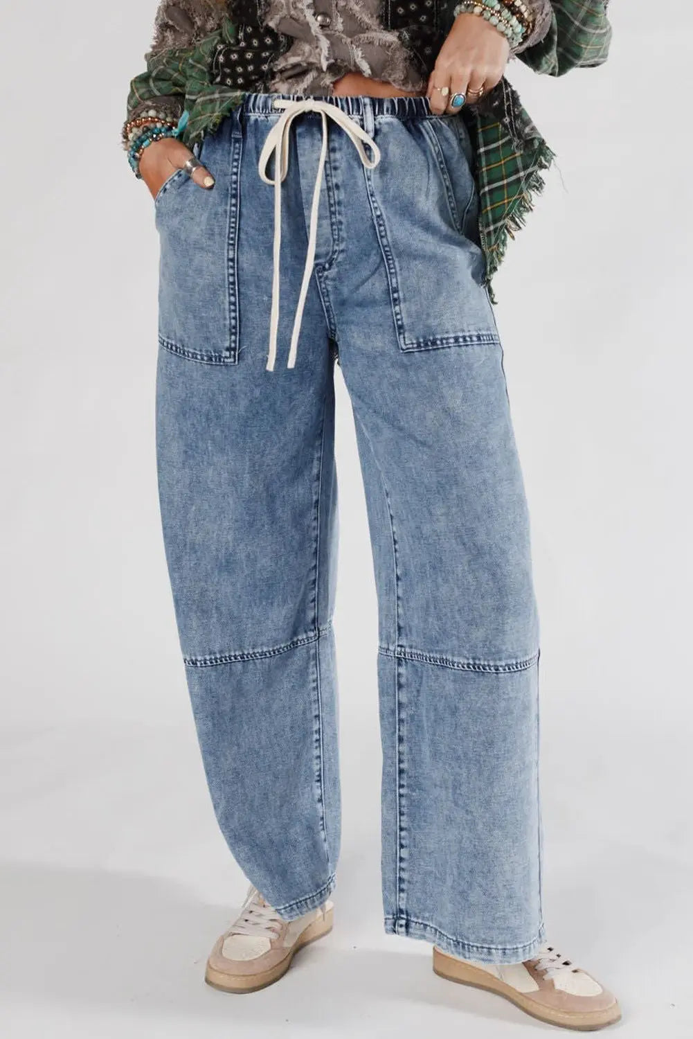 Ashleigh Blue Acid Wash Exposed Seam Drawstring Elastic Waistband Jeans Dear-Lover Dropshipping