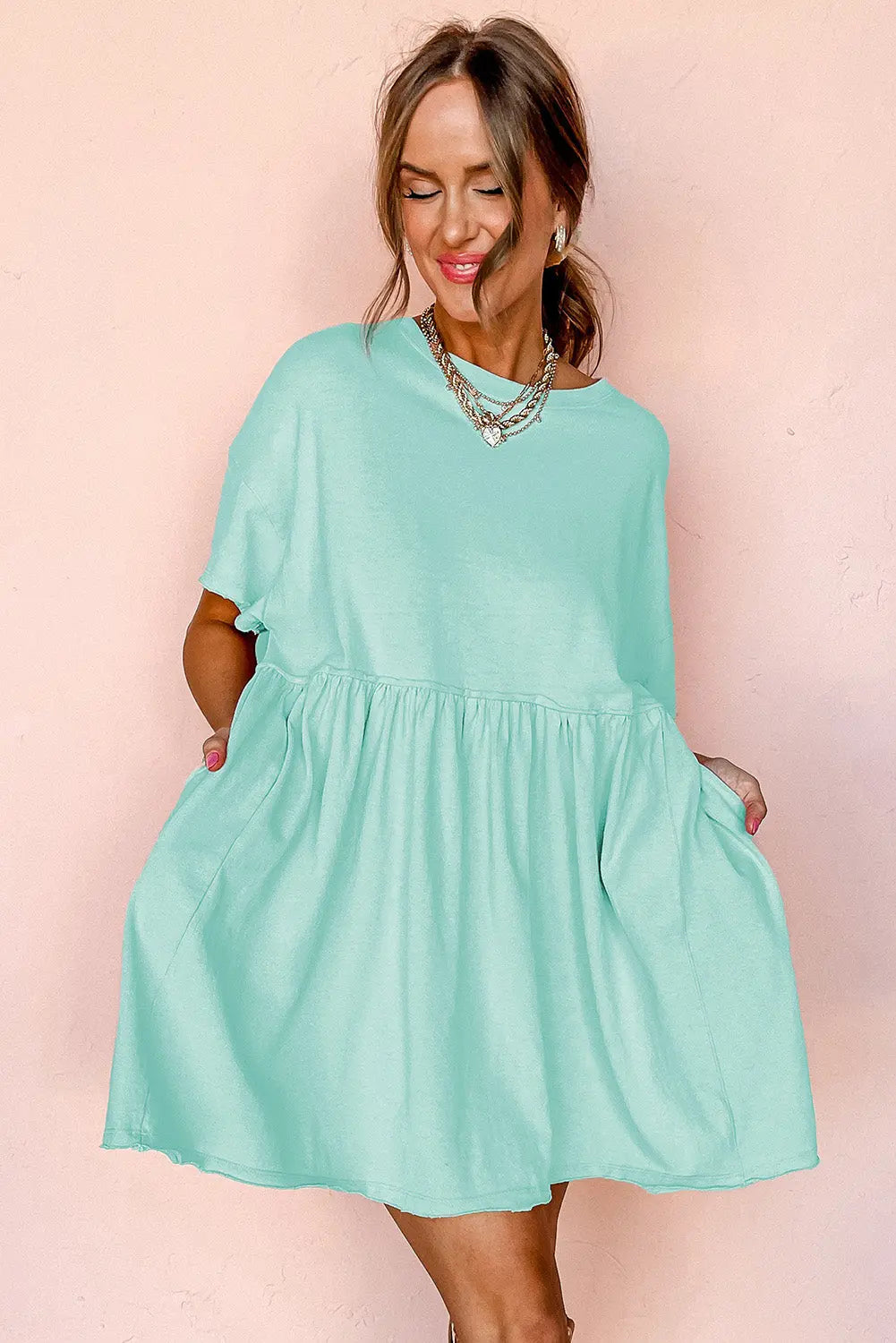 Moonlight Jade Solid Color Pocketed Raw Edge Babydoll Dress Dear-Lover Dropshipping