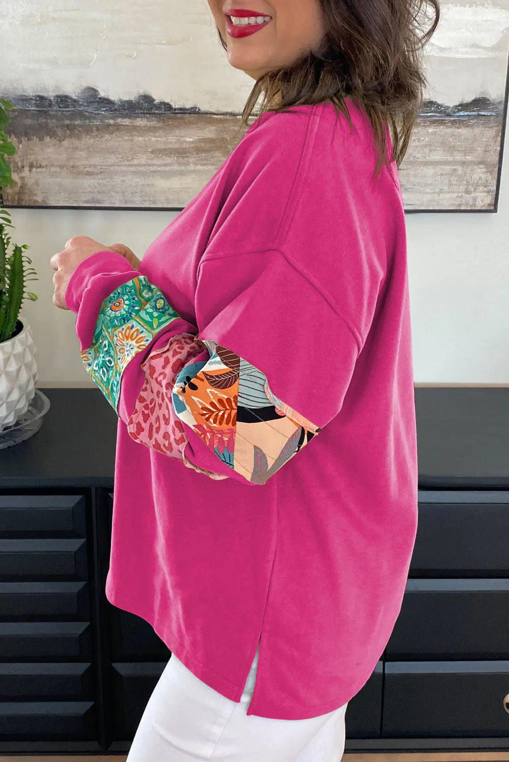 Rose Red Plus Size Printed Patchwork Sleeve Split Sweatshirt Dear-Lover Dropshipping