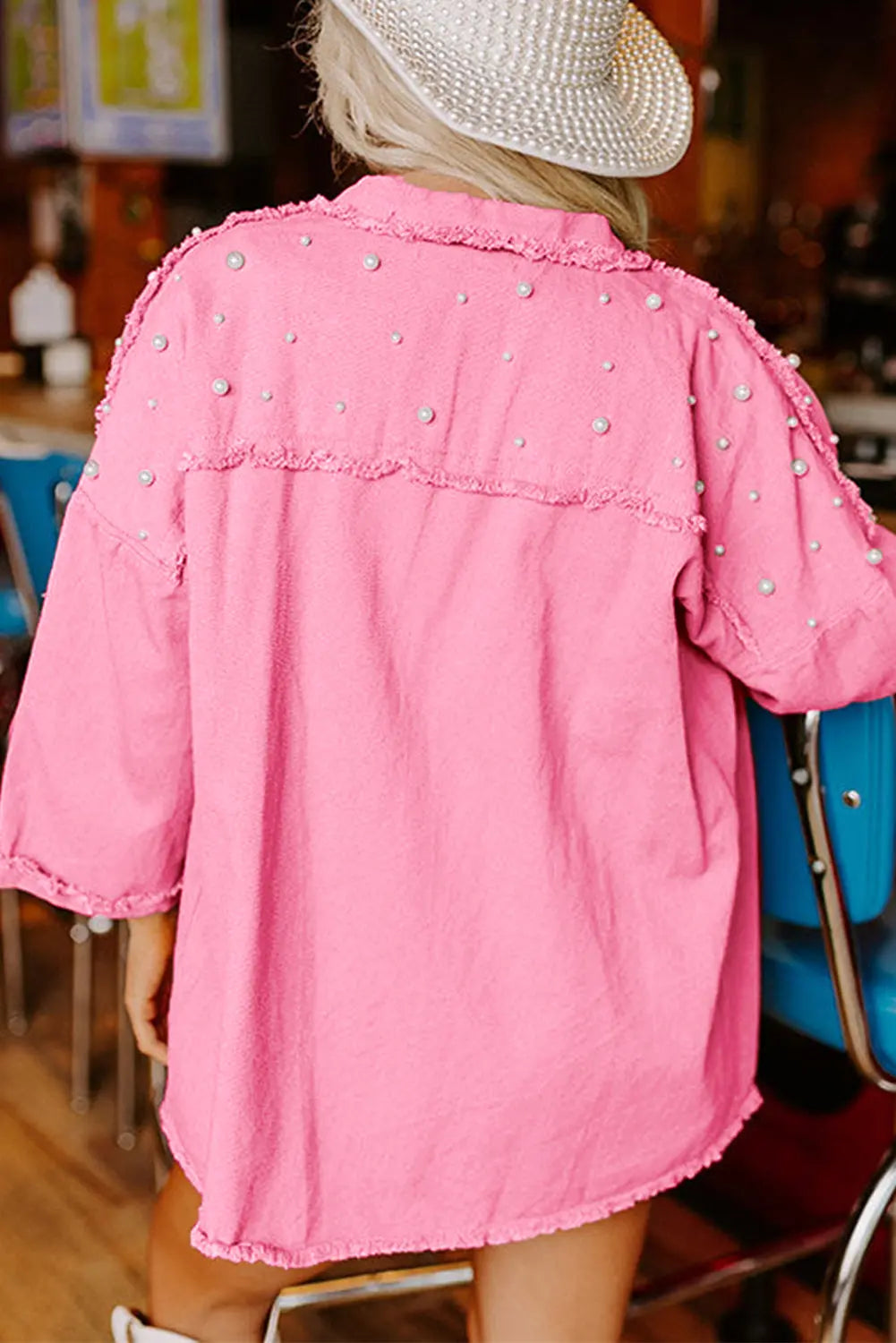 Bonbon Pearl Beaded Raw Hem Button Up Denim Jacket Dear-Lover Dropshipping