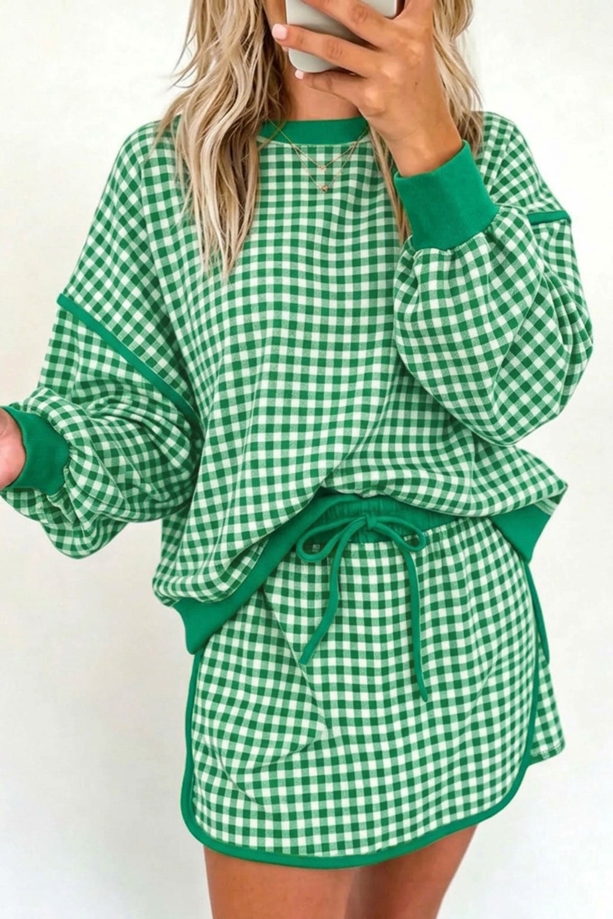 Pink Gingham Oversized Ribbed Trim Crew Neck Long Sleeve Top and Skort Set