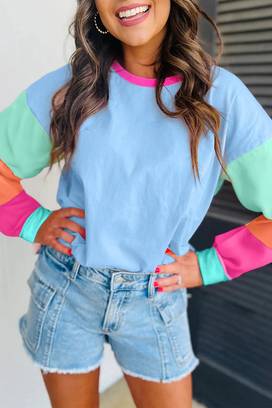 Dark Blue Colorblock Patchwork Long Sleeve Loose Top Dear-Lover Dropshipping