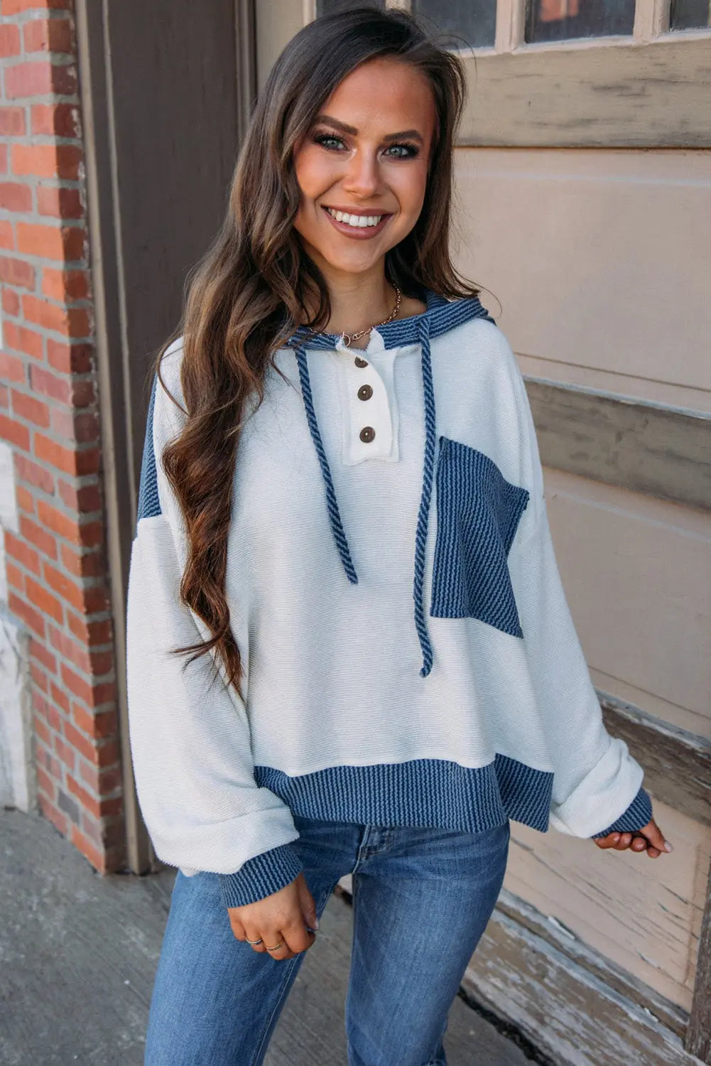White Corded Colorblock Patch Pocket Drawstring Hooded Top Dear-Lover Dropshipping