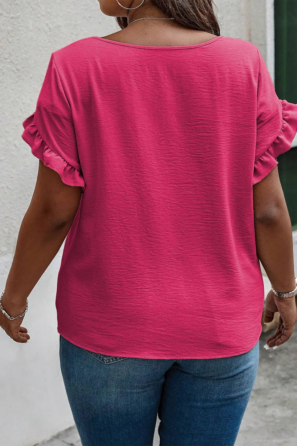 Bright Pink Ruffled Short Sleeve Plus Size Top Dear-Lover Dropshipping