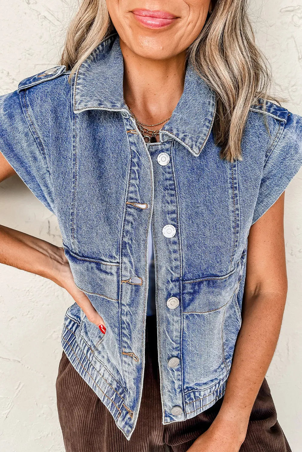 Ashleigh Blue Acid Wash Elastic Hem Button Up Denim Vest Dear-Lover Dropshipping