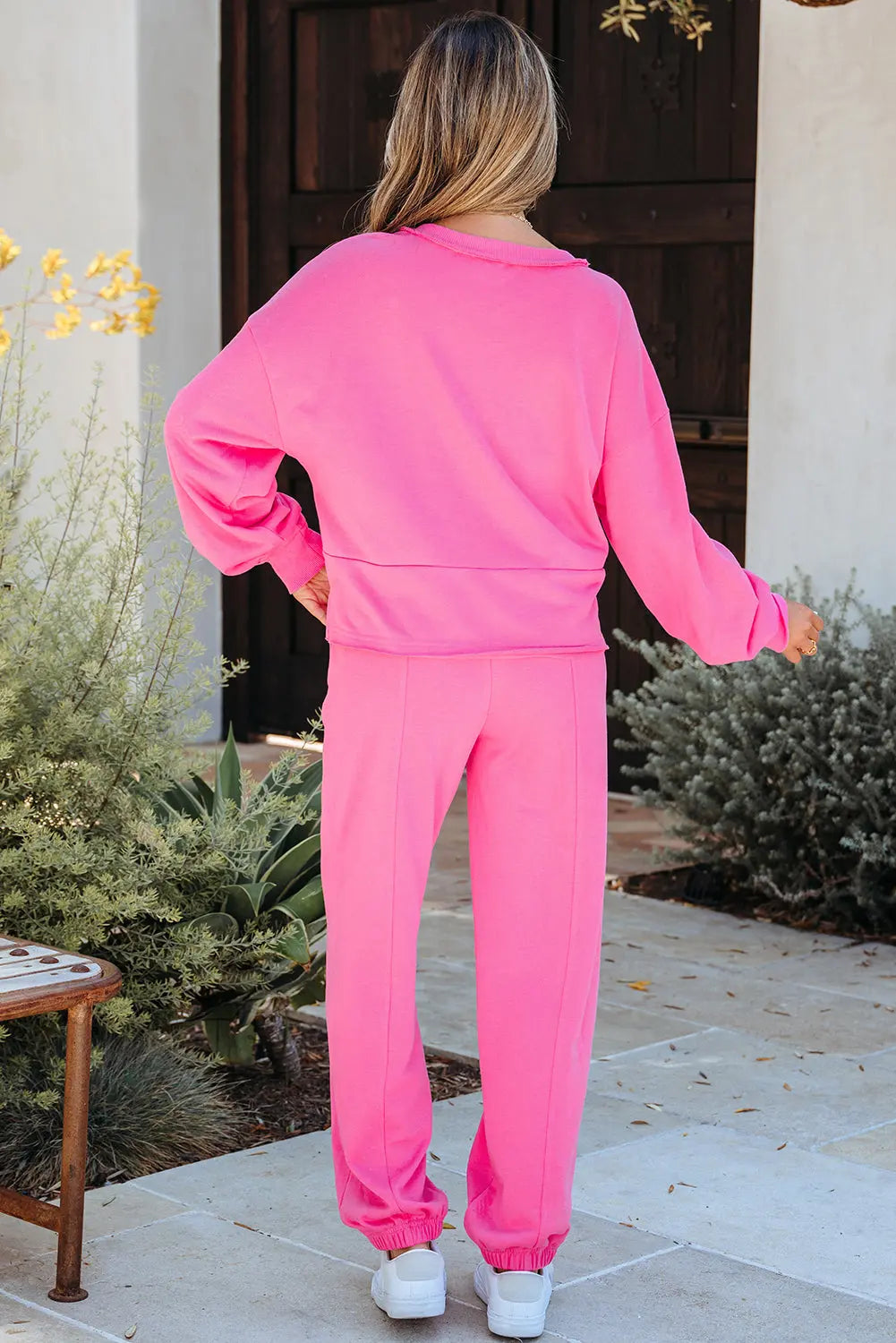 Bright Pink Raw Edge Half Buttons Pullover and Jogger Pants Set Dear-Lover Dropshipping