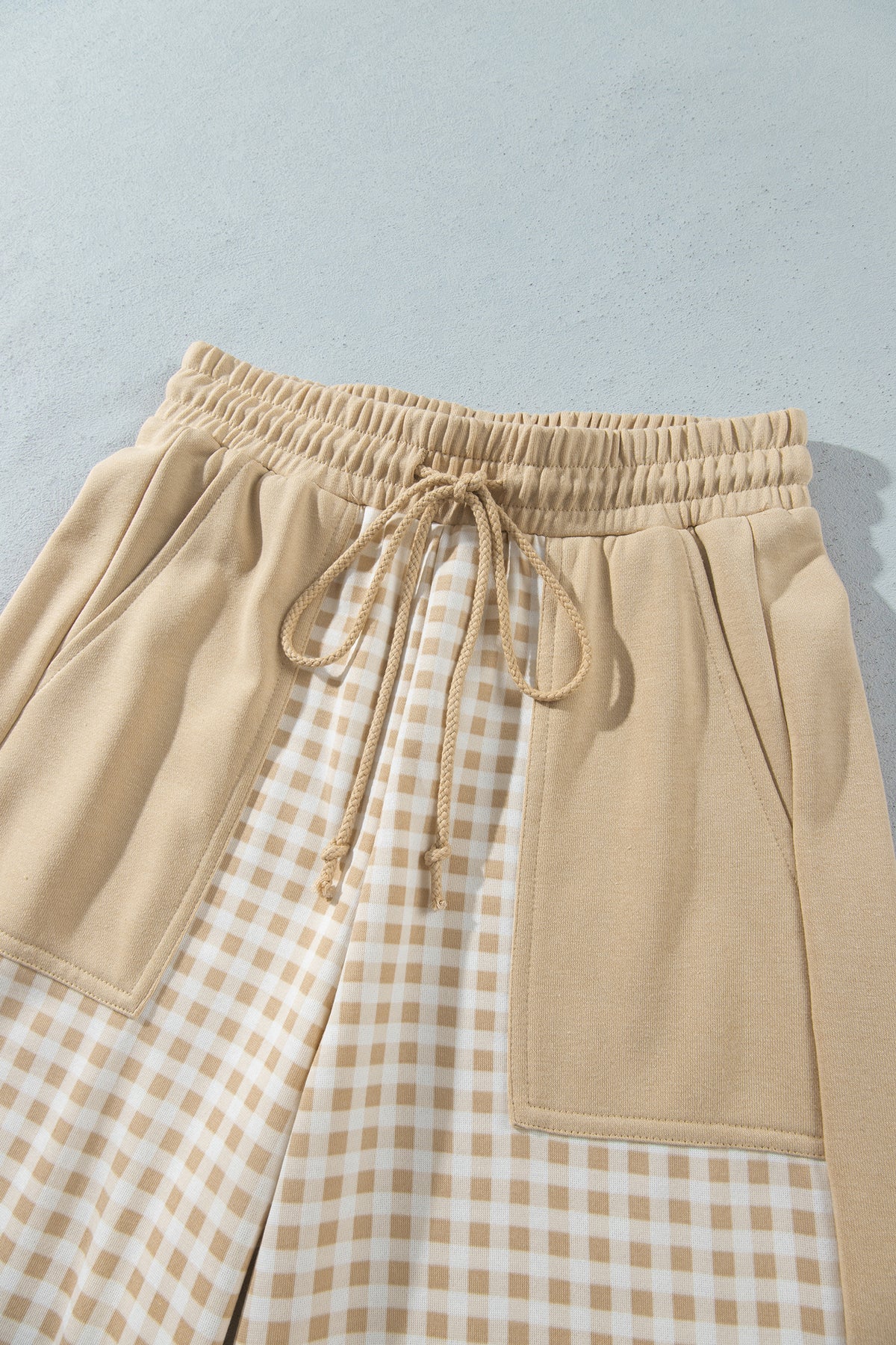 Pink Color Block Plaid Patchwork Long Sleeve Pullover Wide Leg Pant Set