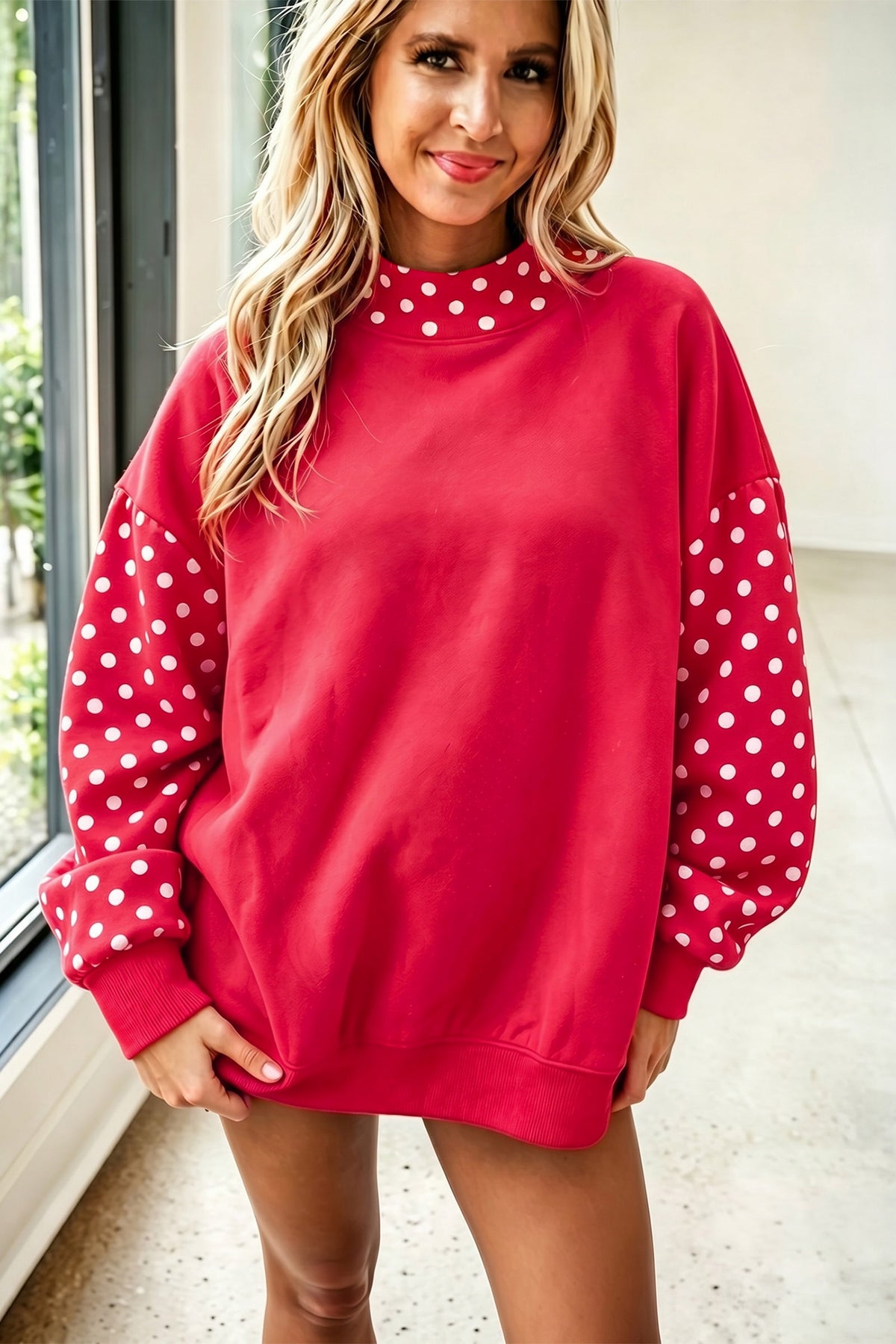 Orange Polka Dot Contrast Round Neck Long Sleeve Baggy Sweatshirt