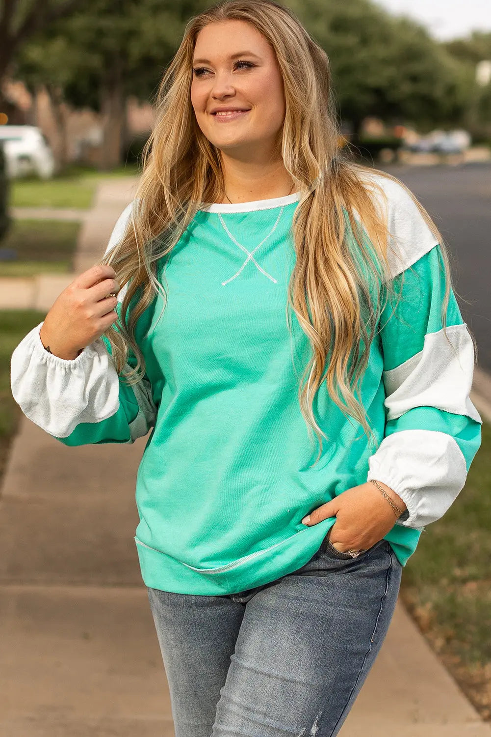 Aruba Blue Colorblock Patchwork Cross Seam Plus Sweatshirt Dear-Lover Dropshipping