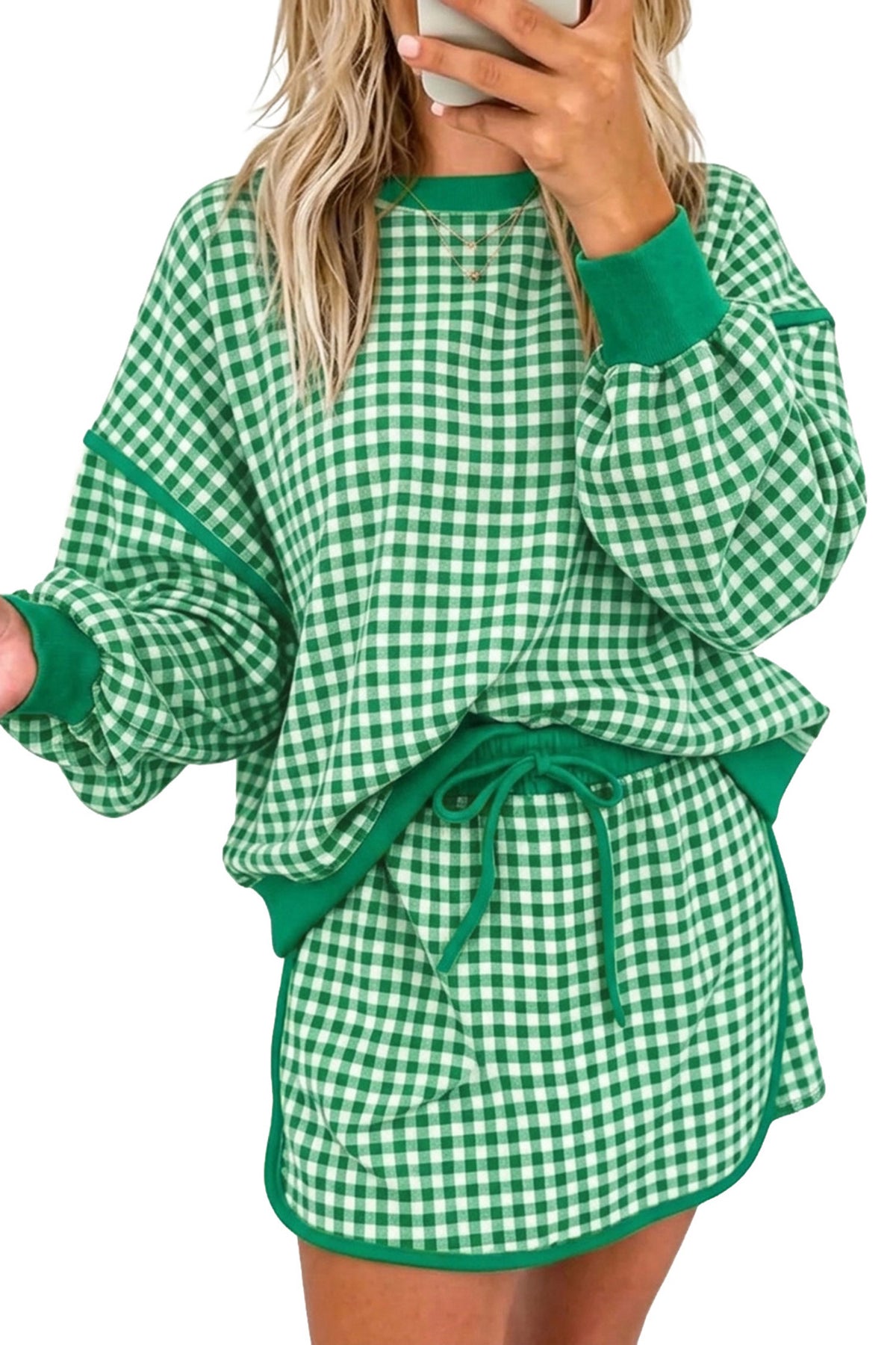 Pink Gingham Oversized Ribbed Trim Crew Neck Long Sleeve Top and Skort Set
