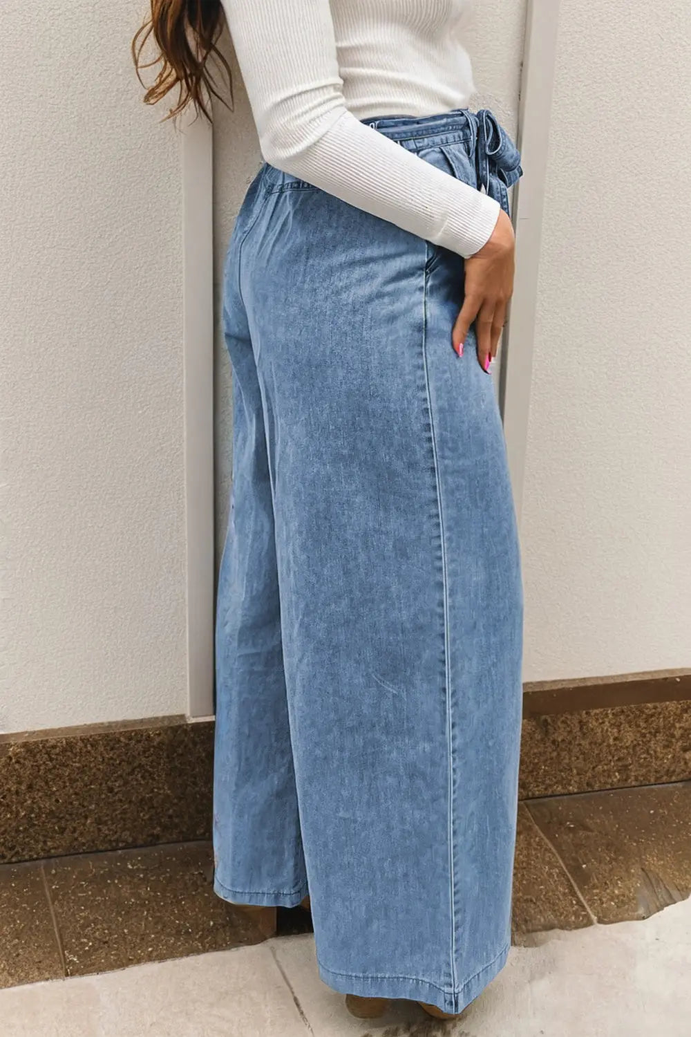 Beau Blue Western Washed Bow Knot Sash Wide Leg Jeans Dear-Lover Dropshipping