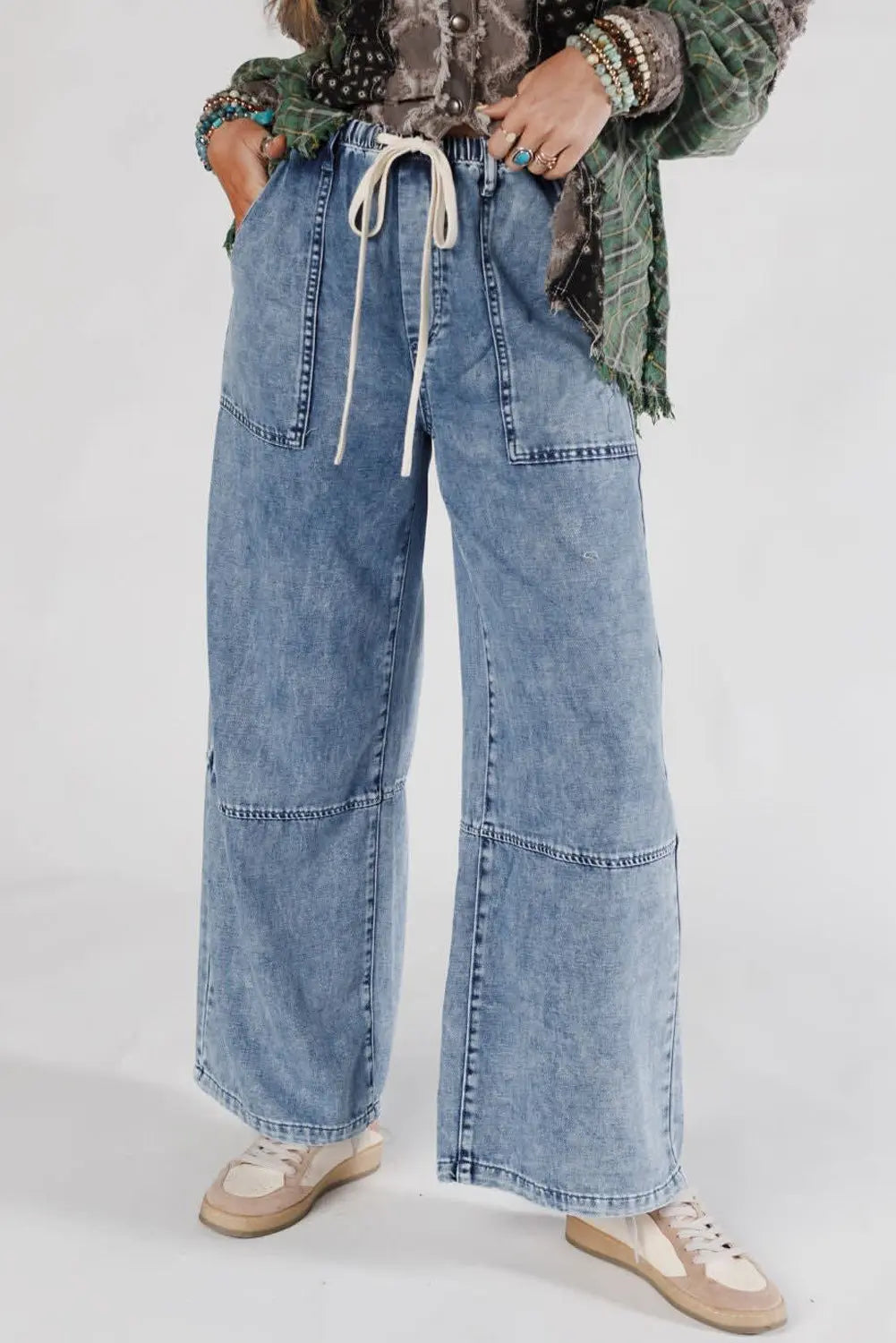 Ashleigh Blue Acid Wash Exposed Seam Drawstring Elastic Waistband Jeans Dear-Lover Dropshipping