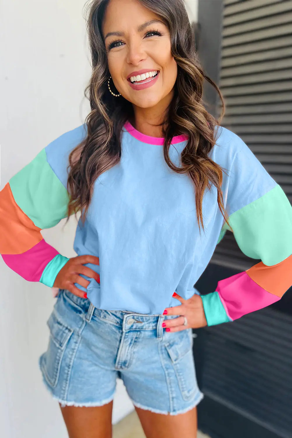 Dark Blue Colorblock Patchwork Long Sleeve Loose Top Dear-Lover Dropshipping
