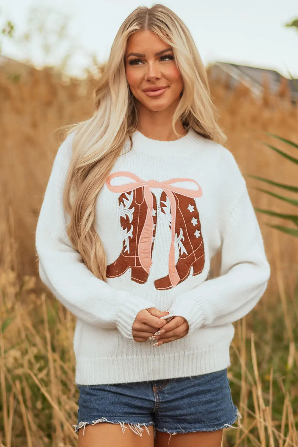 White Embroidered Bow Boots Graphic Drop Shoulder Sweater Dear-Lover Dropshipping