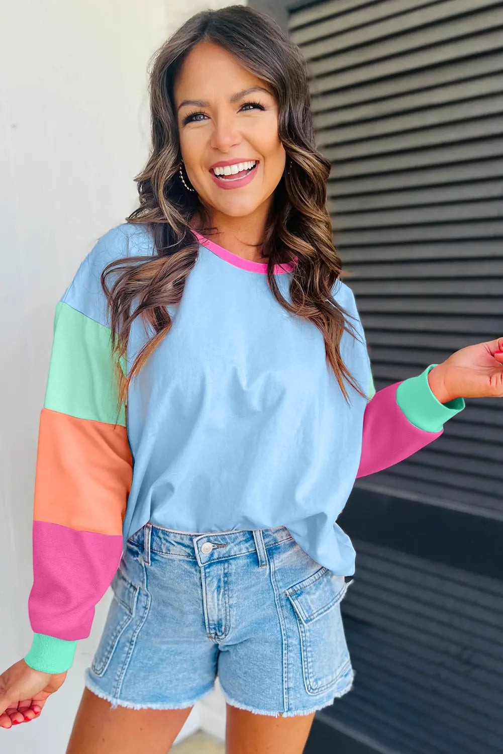 Dark Blue Colorblock Patchwork Long Sleeve Loose Top Dear-Lover Dropshipping