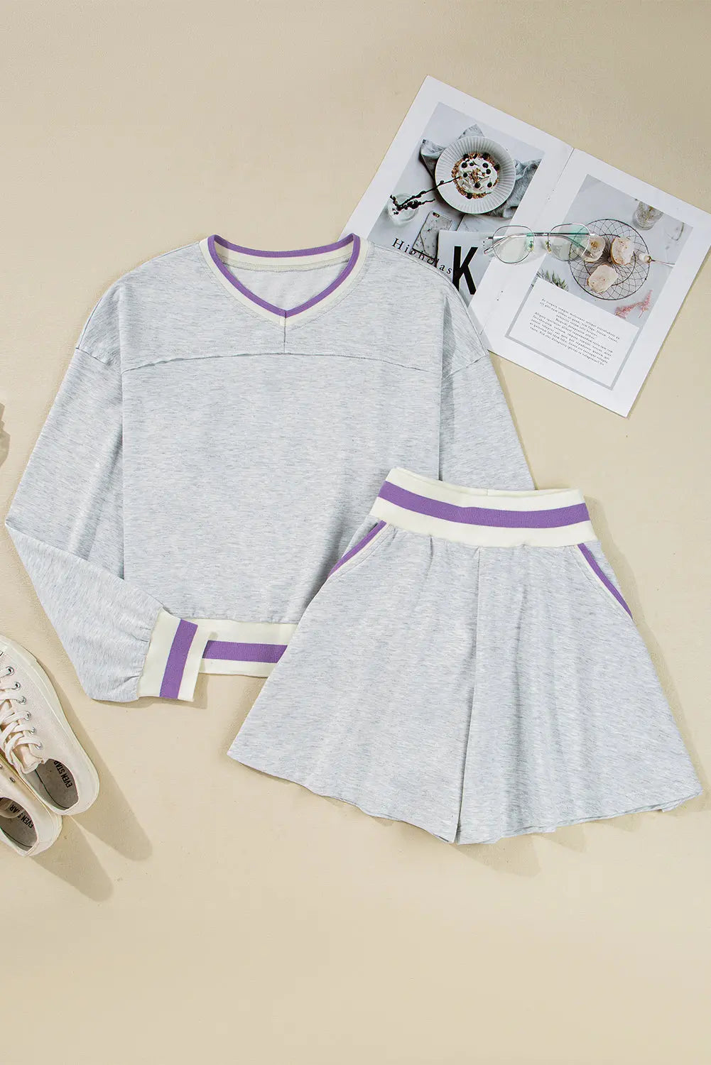 Light Grey Contrast Striped Bands Cropped Pullover and Athletic Short Set Dear-Lover Dropshipping