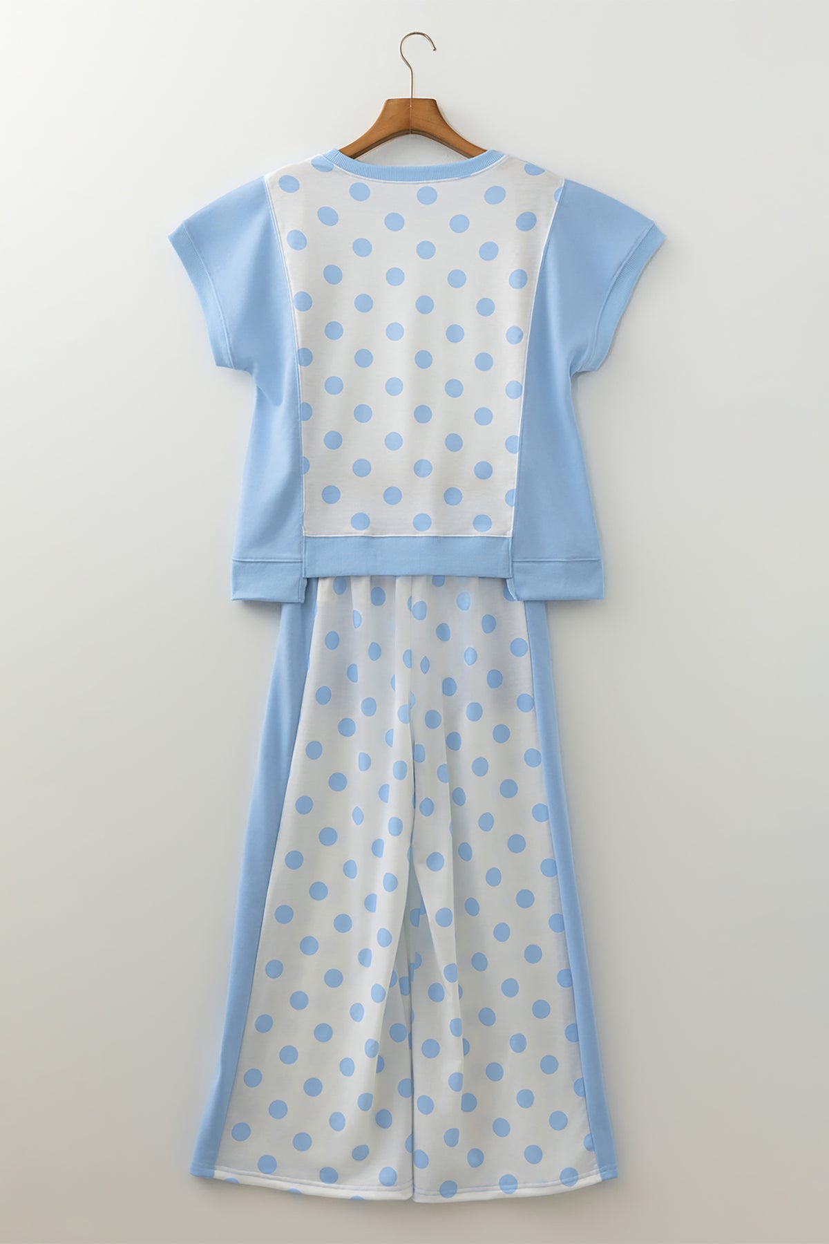 Sky Blue Color Block Patchwork Polka Dot Wide Leg Pant Set