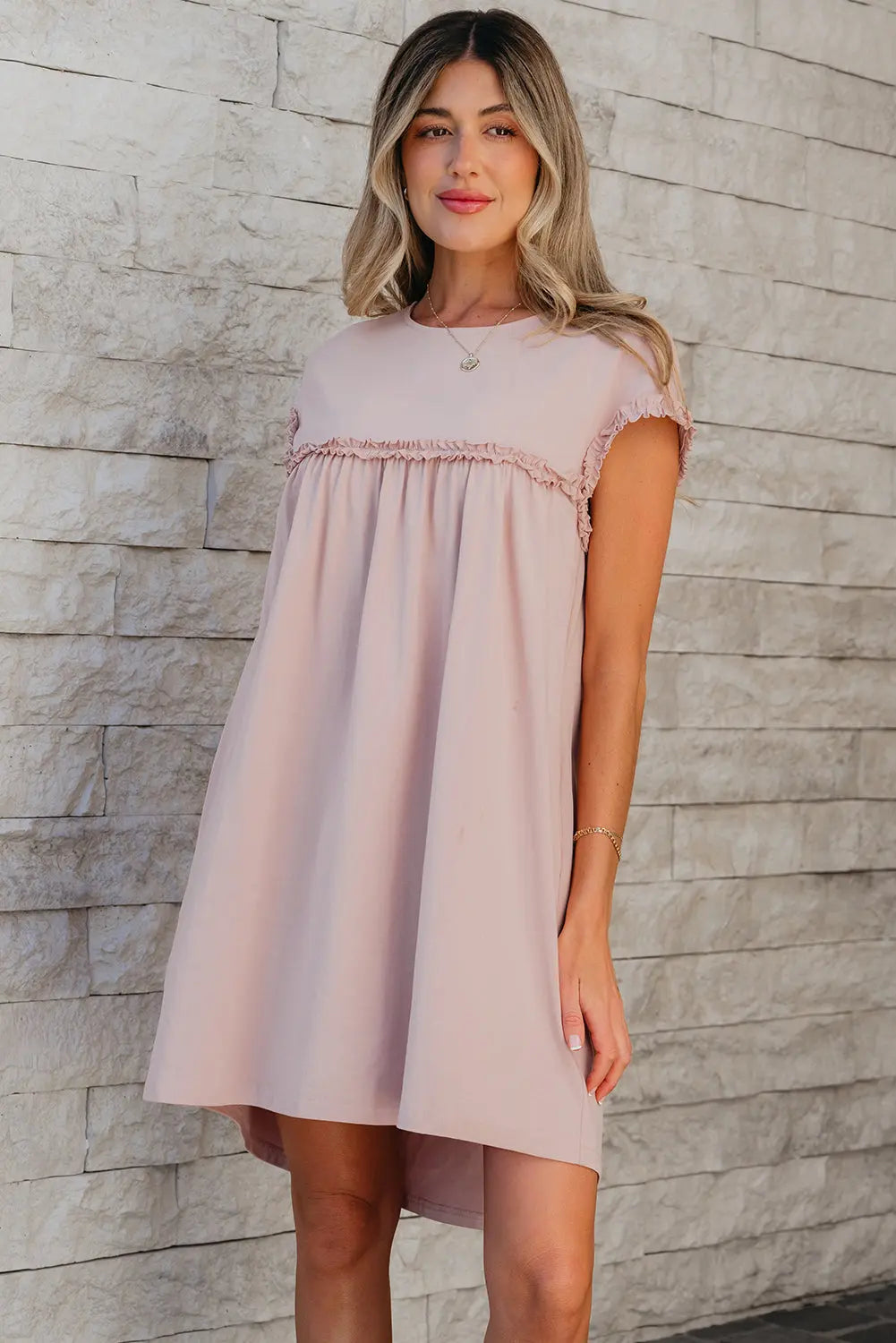 Oatmeal Frilled Trim Crew Neck Loose Fit Mini Dress Dear-Lover Dropshipping