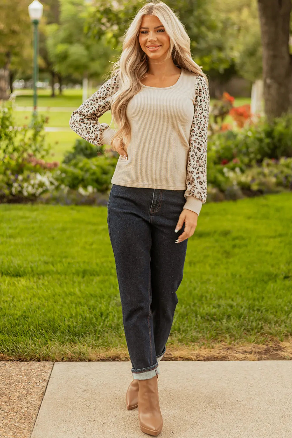 Apricot Leopard Sleeve Patchwork Ribbed Knit U Neck Top Dear-Lover Dropshipping