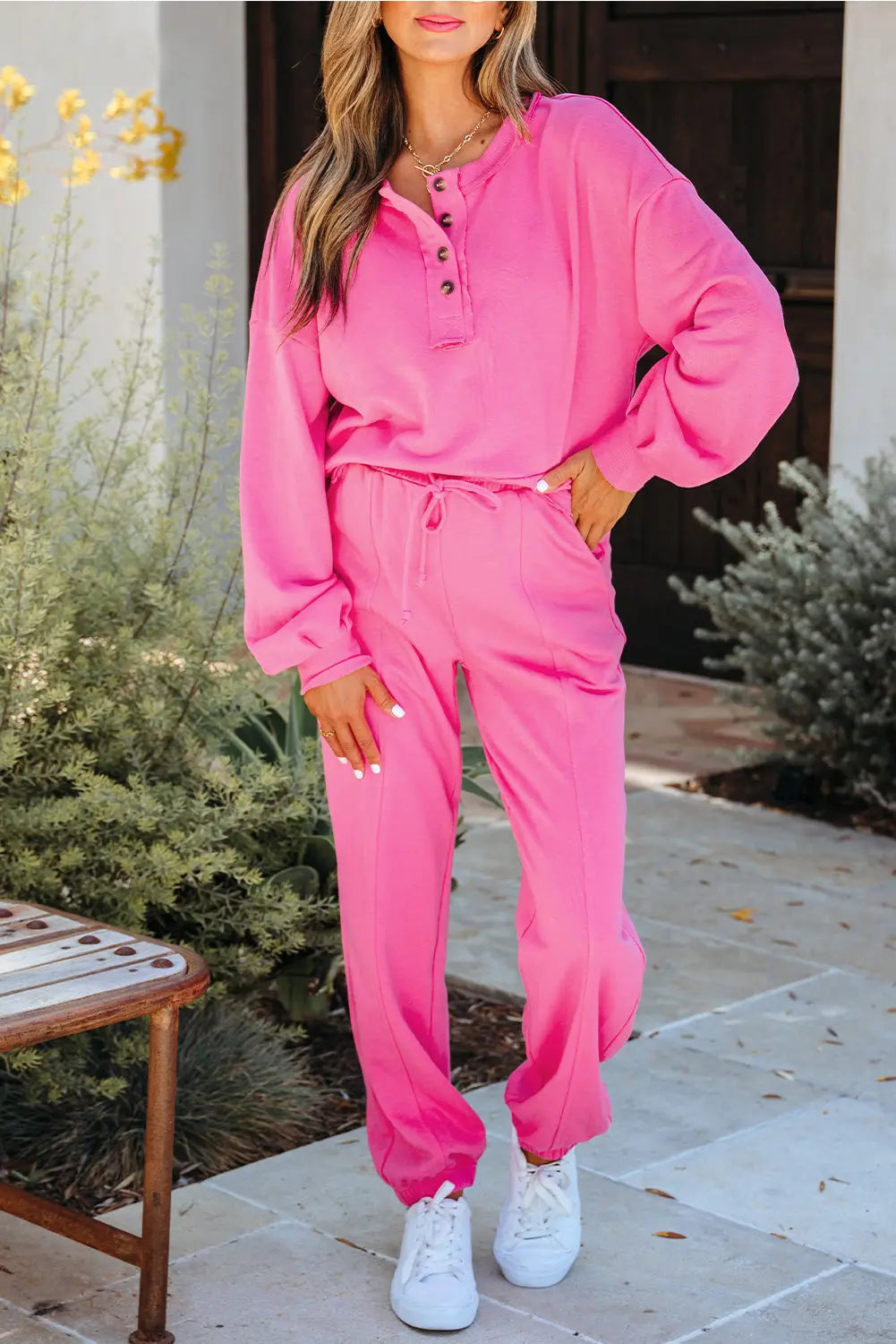 Bright Pink Raw Edge Half Buttons Pullover and Jogger Pants Set Dear-Lover Dropshipping