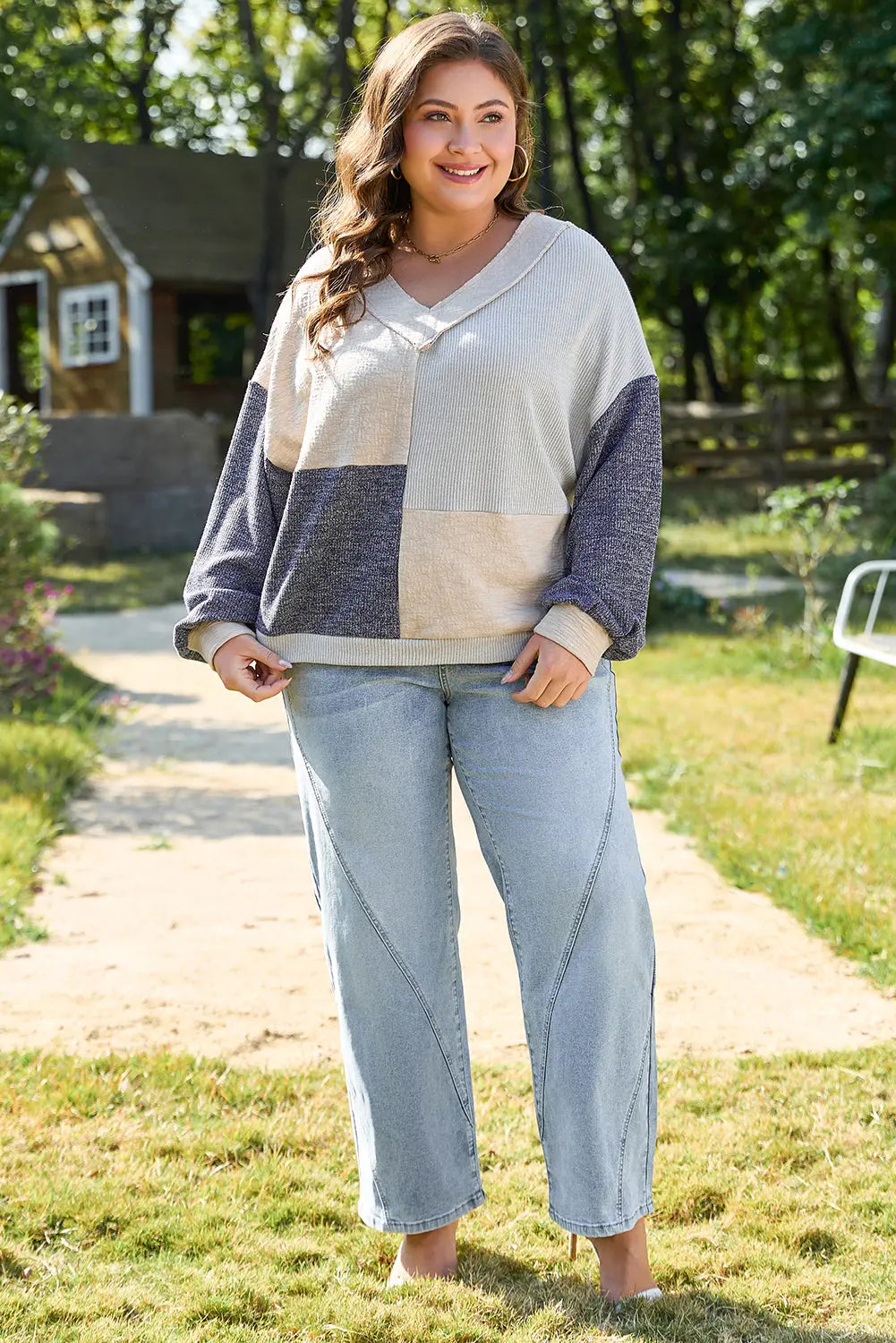 Ashleigh Blue Plus Size Textured Colorblock Patchwork V Neck Top Dear-Lover Dropshipping