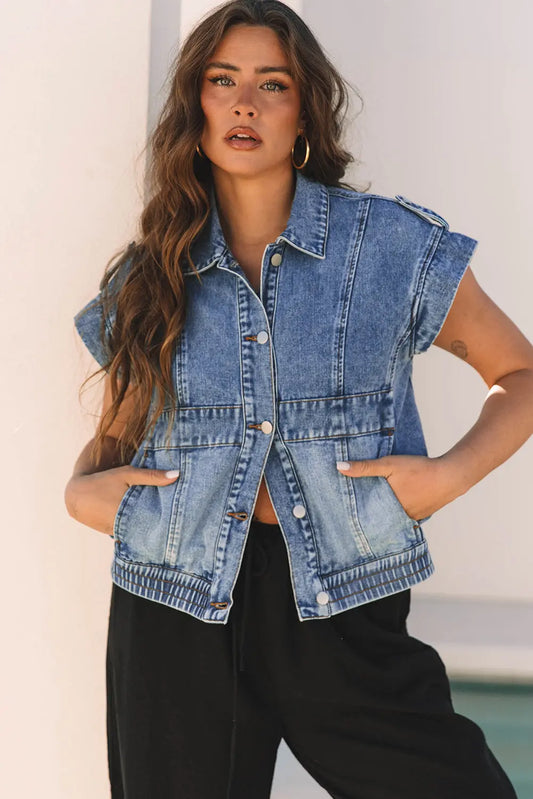 Ashleigh Blue Acid Wash Elastic Hem Button Up Denim Vest Dear-Lover Dropshipping