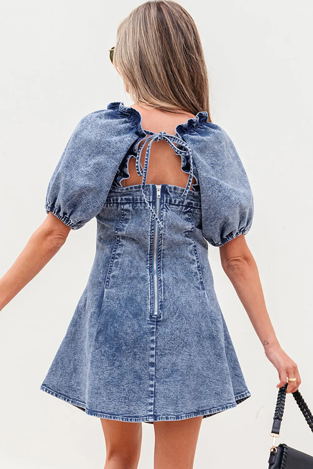 Blue Frilly Square Neck Bustier Puff Sleeve Short Denim Dress Dear-Lover Dropshipping