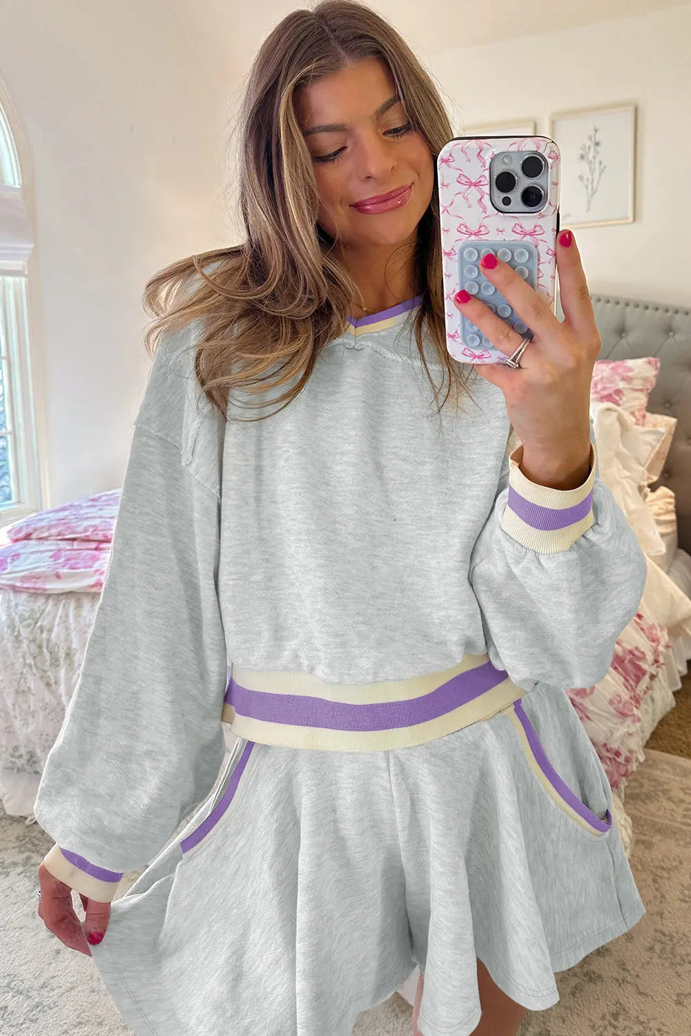 Light Grey Contrast Striped Bands Cropped Pullover and Athletic Short Set Dear-Lover Dropshipping