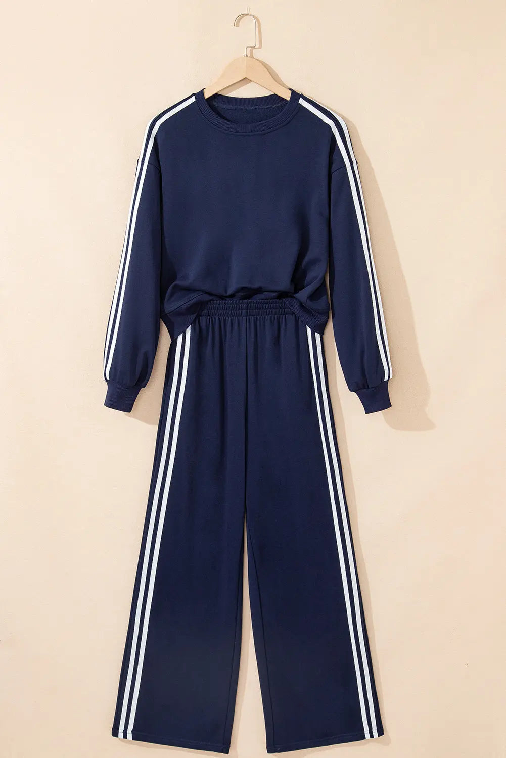 Dirty blue Varsity Striped Detail Crewneck Pullover Elastic Sweatpants 2pcs Outfit Dear-Lover Dropshipping