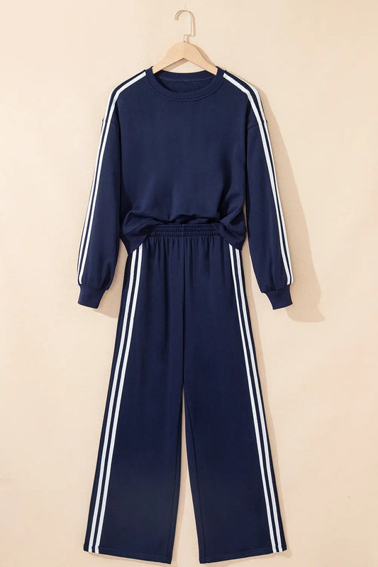 Dirty blue Varsity Striped Detail Crewneck Pullover Elastic Sweatpants 2pcs Outfit Dear-Lover Dropshipping
