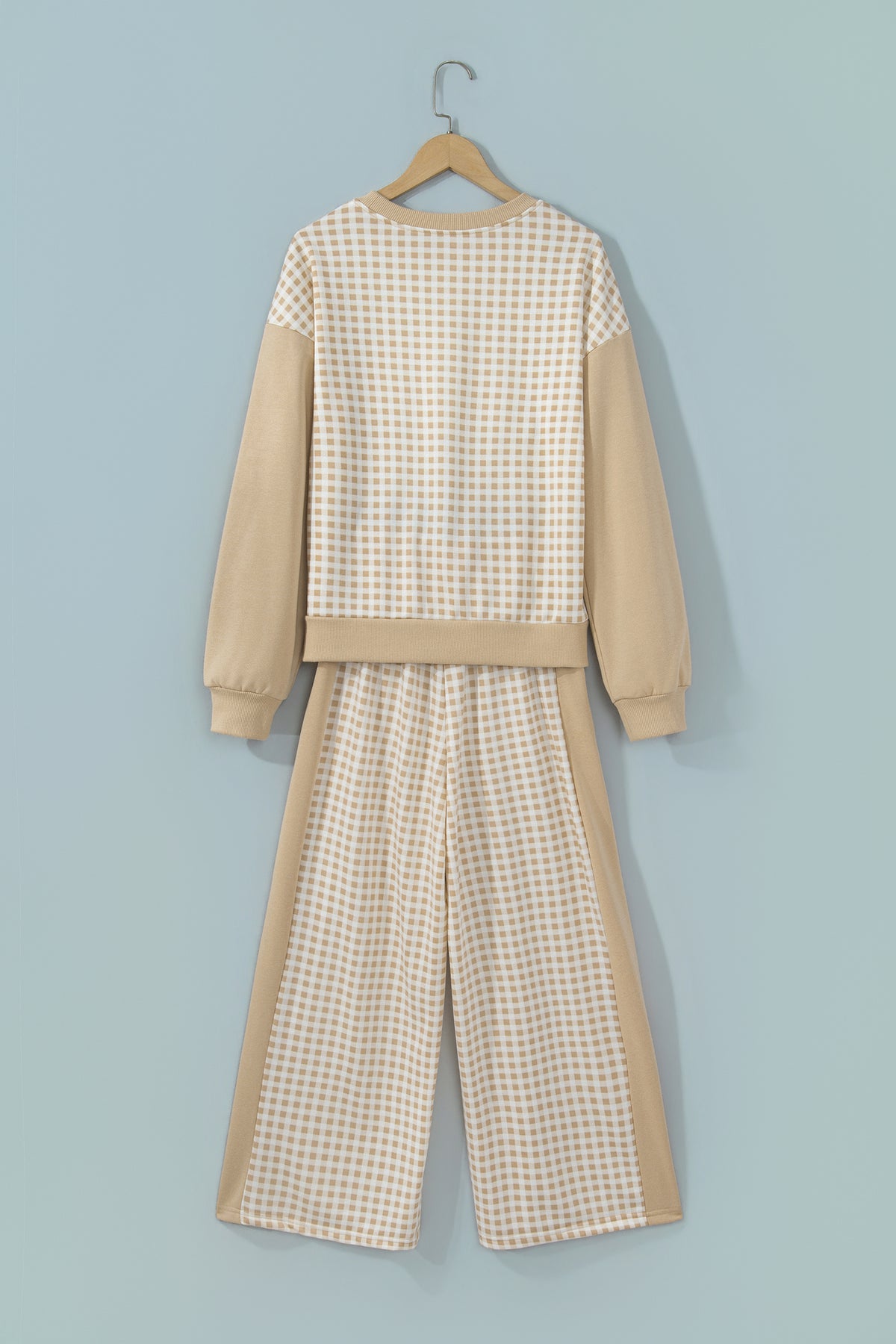 Pink Color Block Plaid Patchwork Long Sleeve Pullover Wide Leg Pant Set