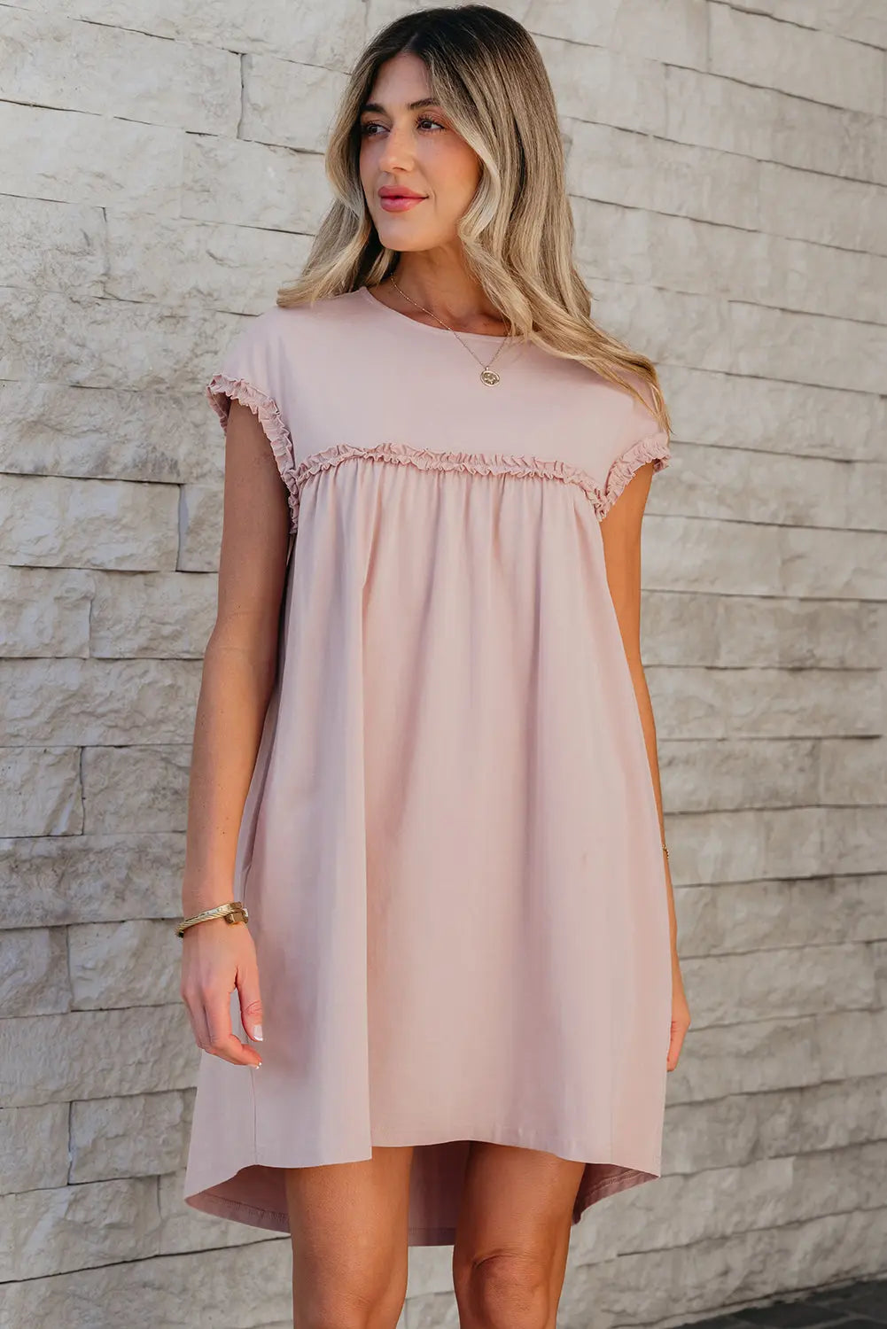 Oatmeal Frilled Trim Crew Neck Loose Fit Mini Dress Dear-Lover Dropshipping