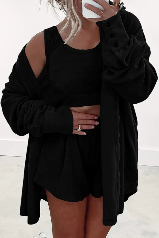 Black 3 Pcs Crop Tank Top Shorts with Cardigan Lounge Set Dear-Lover Dropshipping
