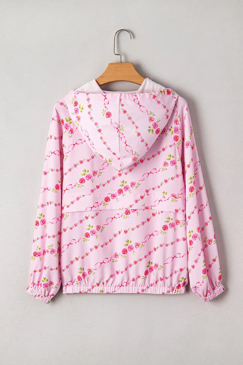 Pink Floral Print Half Zip Kangaroo Pouch Drawstring Hoodie Dear-Lover Dropshipping