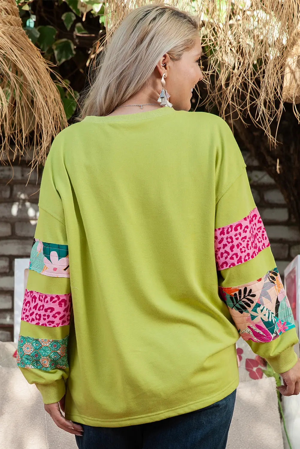 Green Plus Size Printed Patchwork Sleeve Split Sweatshirt Dear-Lover Dropshipping