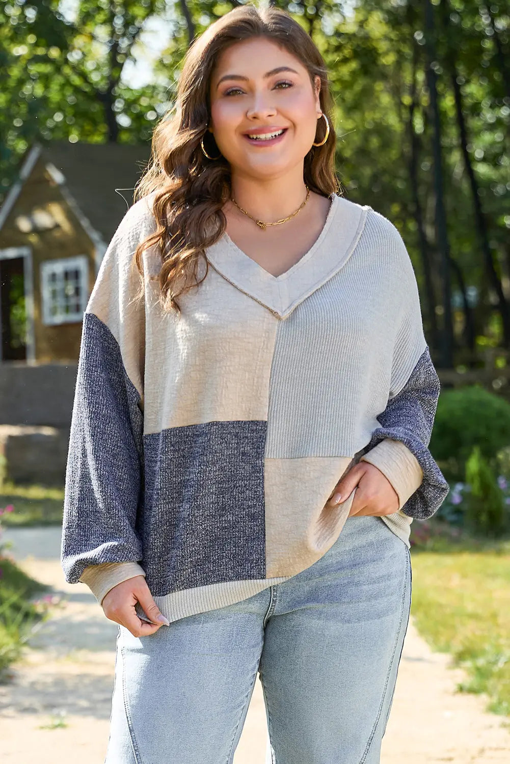 Ashleigh Blue Plus Size Textured Colorblock Patchwork V Neck Top Dear-Lover Dropshipping
