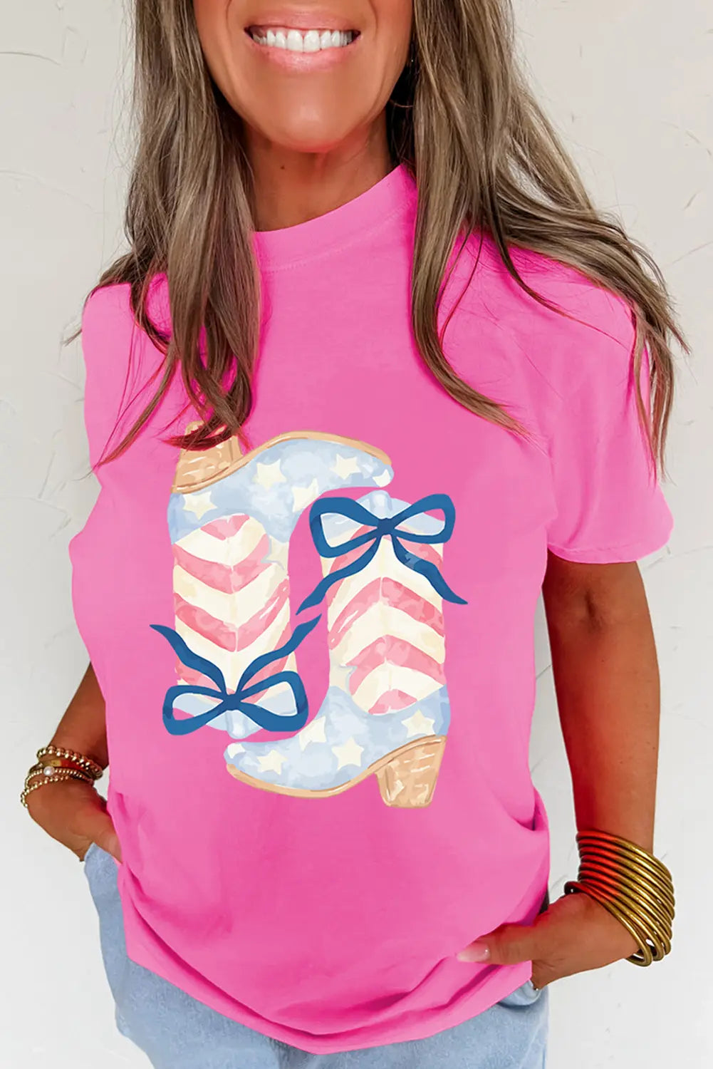 Sachet Pink Flag Pattern Boots Bow Accent Casual Graphic Tee Dear-Lover Dropshipping