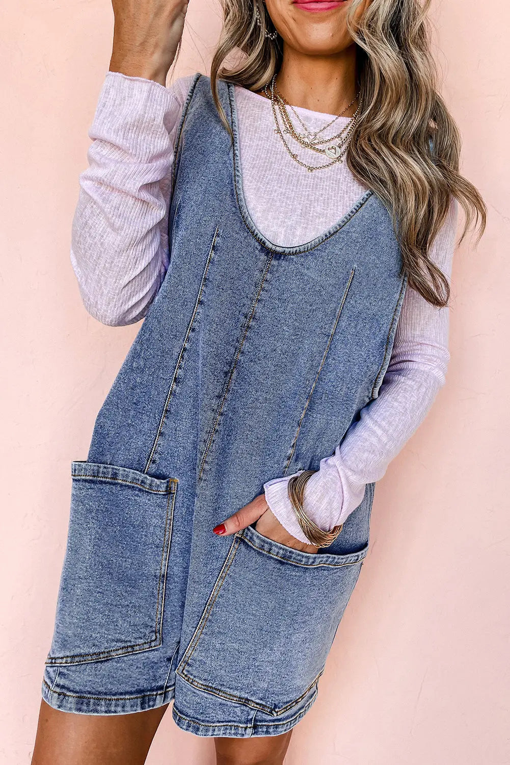 Dusk Blue Sleeveless U Neck Patched Pocket Denim Romper Dear-Lover Dropshipping
