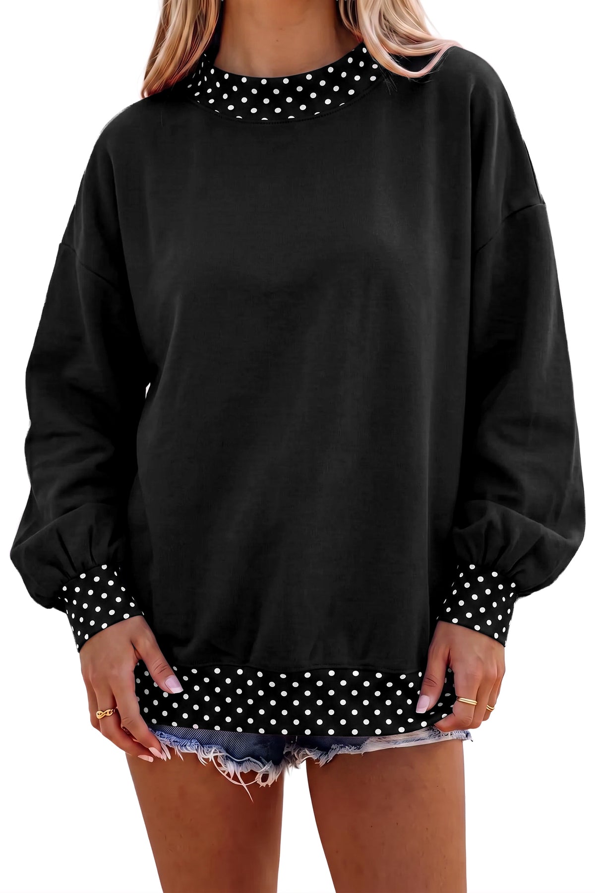 Brown Colorblock Polka Dot Contrast Trim Oversized Sweatshirt