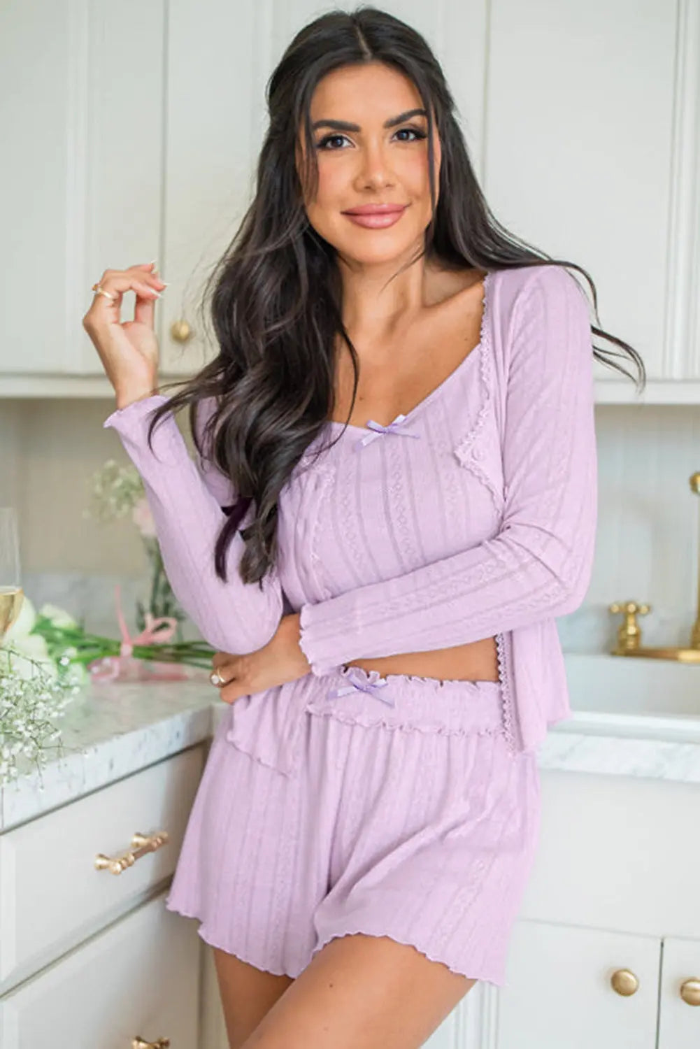 Orchid Petal Delicate Texture Cropped Cami Shorts and Cardigan 3pcs Lounge Set Dear-Lover Dropshipping