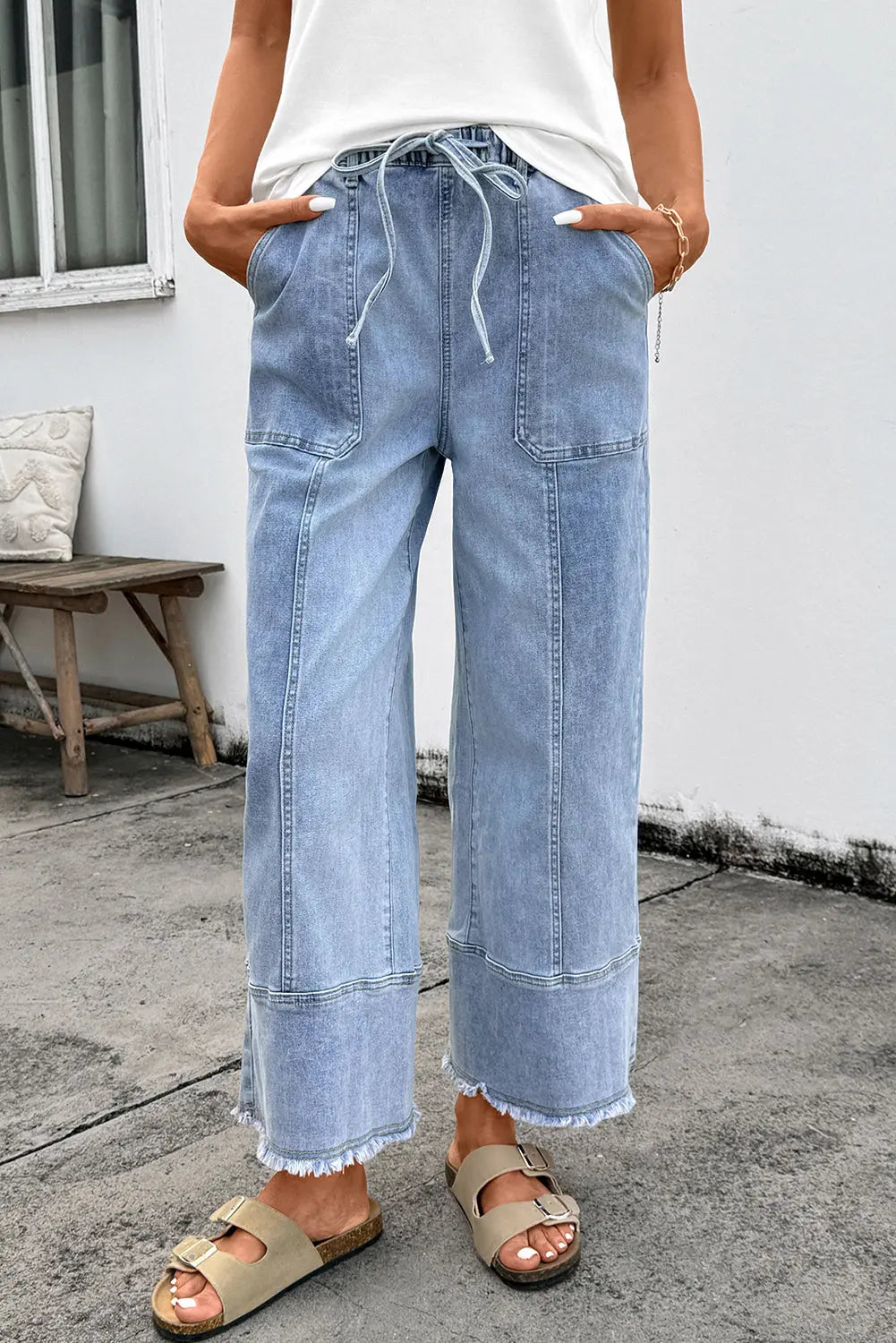 Beau Blue Drawstring Seam Detail Raw Hem Wide Leg Denim Pants Dear-Lover Dropshipping