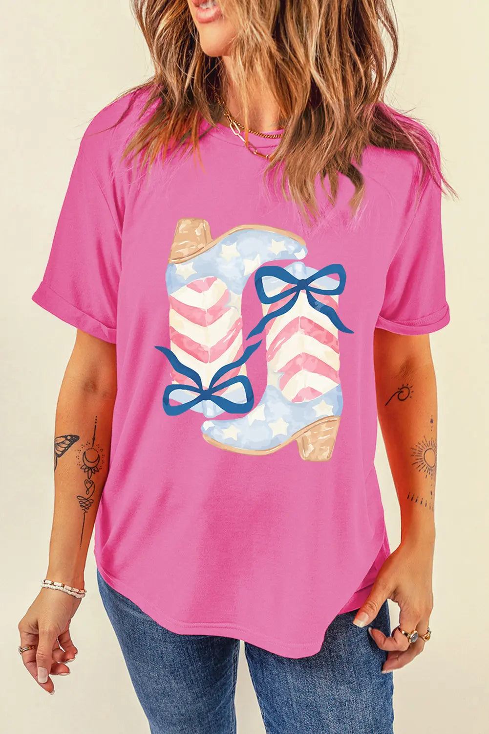 Sachet Pink Flag Pattern Boots Bow Accent Casual Graphic Tee Dear-Lover Dropshipping