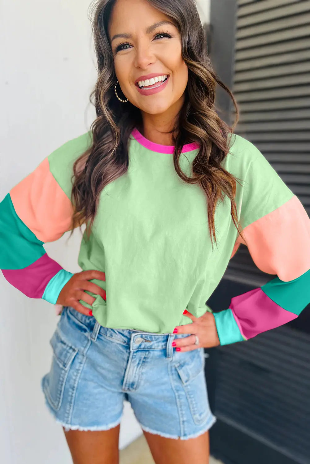 Green Colorblock Patchwork Long Sleeve Loose Top Dear-Lover Dropshipping