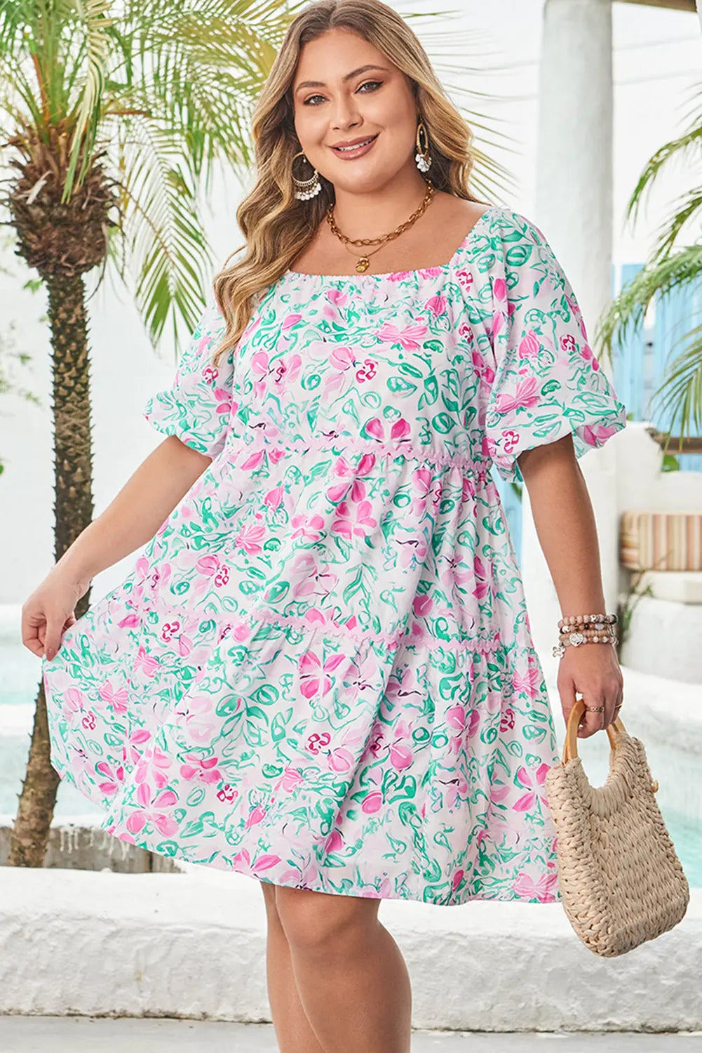 White Floral Print Ric-rac Trim Square Neck Plus Size Mini Dress Dear-Lover Dropshipping