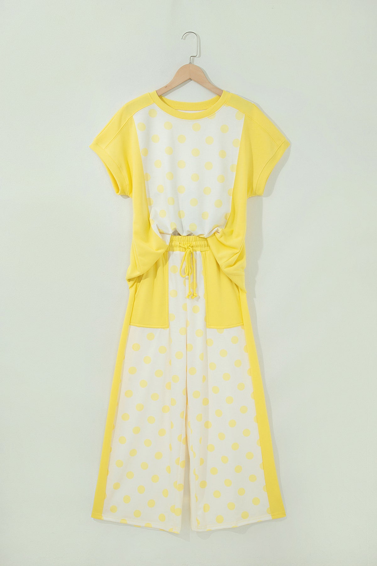 Sky Blue Color Block Patchwork Polka Dot Wide Leg Pant Set