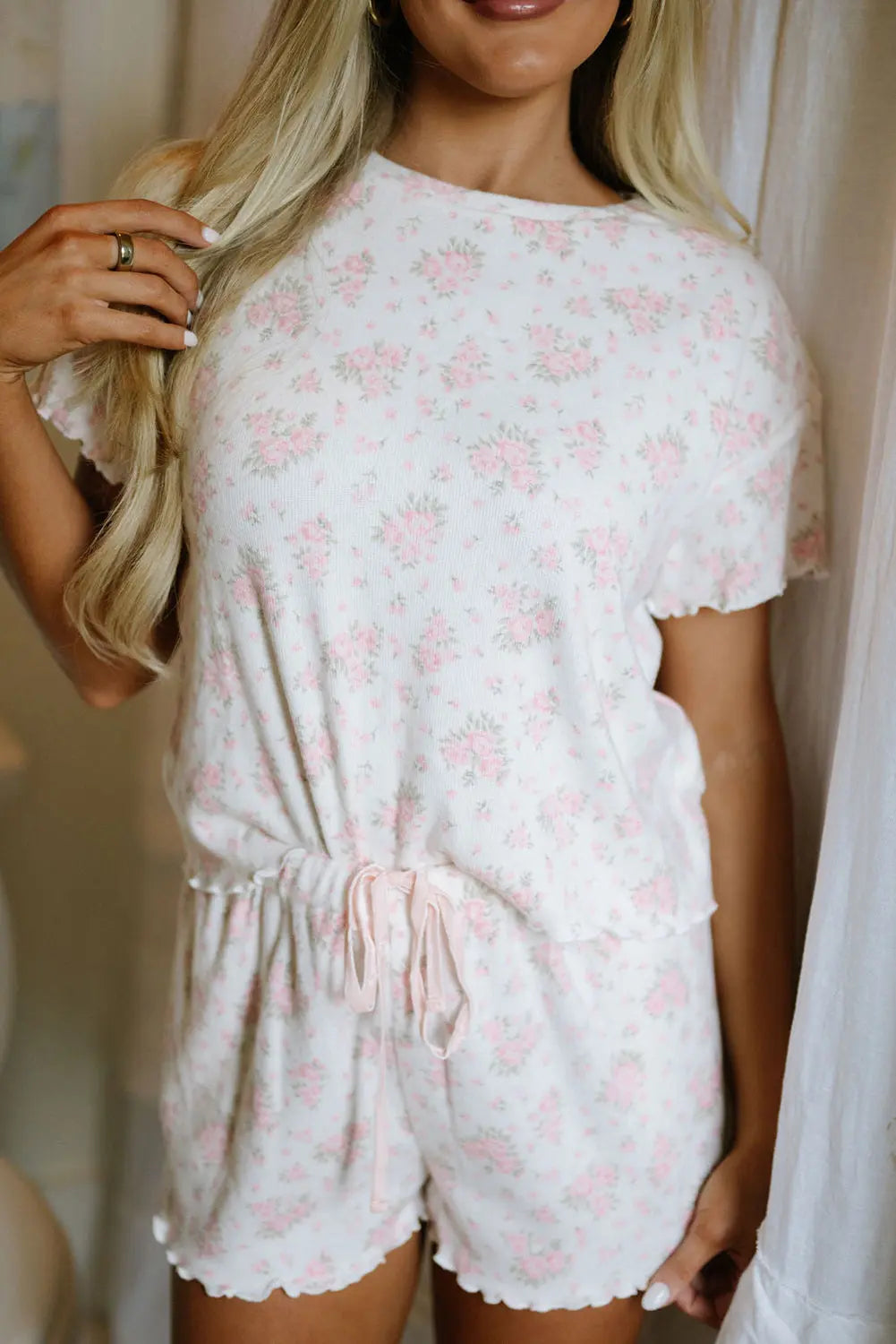 Pink Floral Lettuce Trim Tee and Shorts Ribbed Lounge Set Dear-Lover Dropshipping