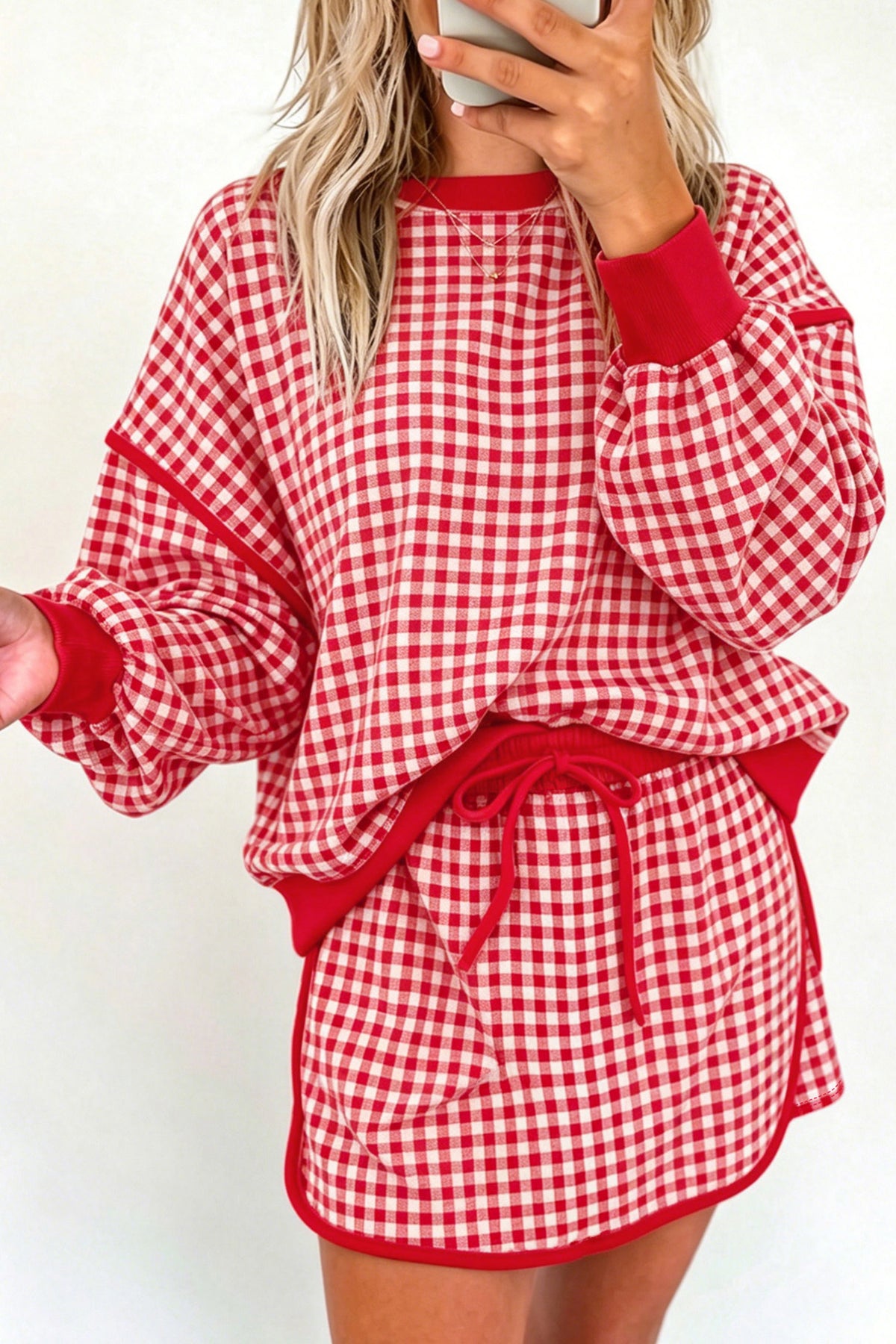 Pink Gingham Oversized Ribbed Trim Crew Neck Long Sleeve Top and Skort Set