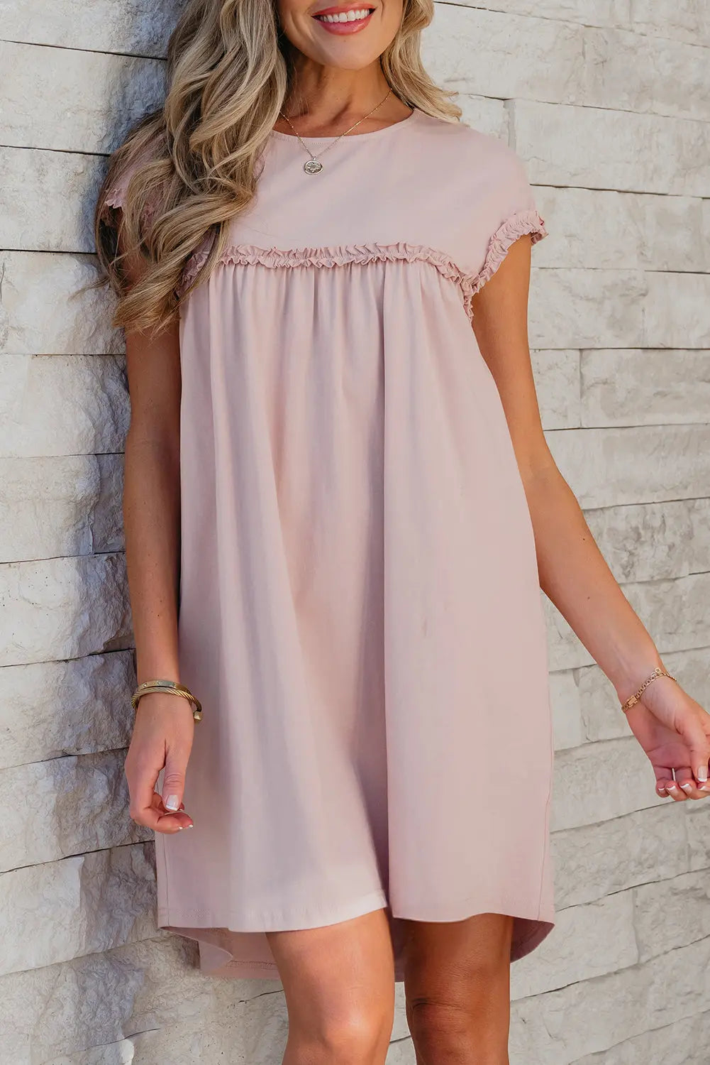 Oatmeal Frilled Trim Crew Neck Loose Fit Mini Dress Dear-Lover Dropshipping