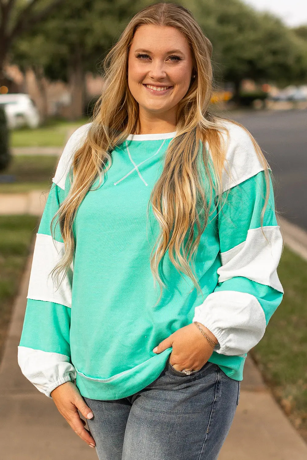 Aruba Blue Colorblock Patchwork Cross Seam Plus Sweatshirt Dear-Lover Dropshipping